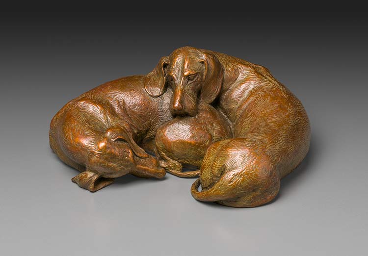 Cozy 1:6 Scale Wire Tan patina Dachshund Bronze Sculpture by Joy Beckner