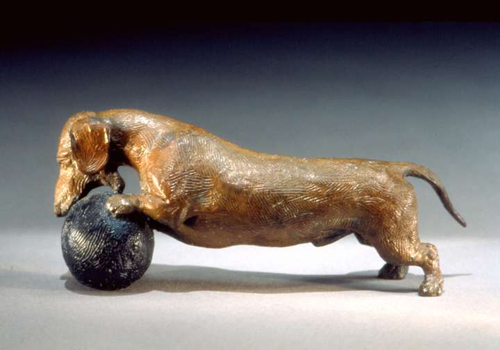 On the Ball 1:6 Scale Smooth Dachshund Bronze Sculpture by Joy Beckner
