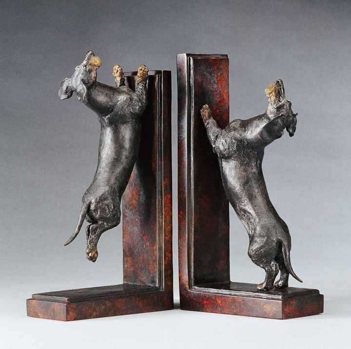 Squirrel Season 1:6 Scale Wire Dachshund Bronze Sculpture Bookends by Joy Beckner