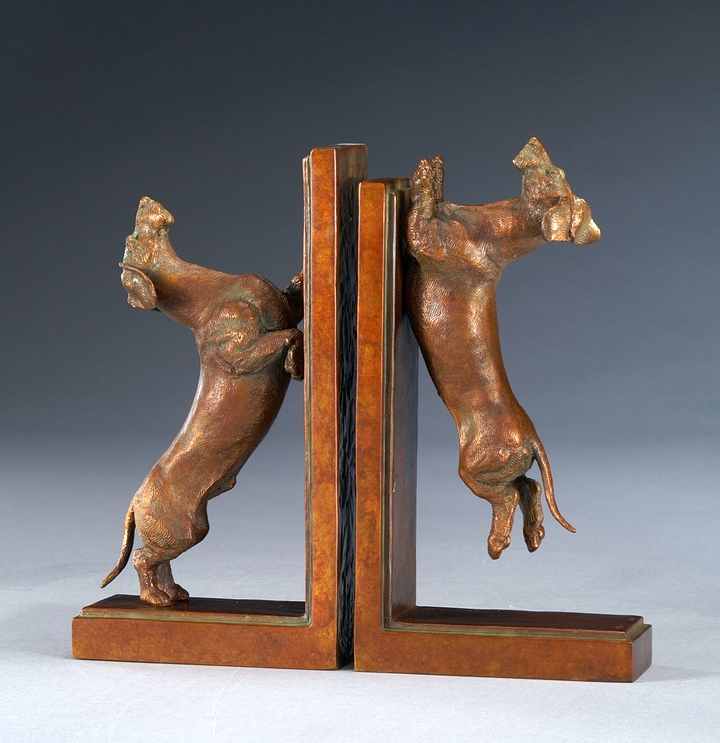 Squirrel Season 1:6 Scale Wire Dachshund Bronze Sculpture Bookends by Joy Beckner