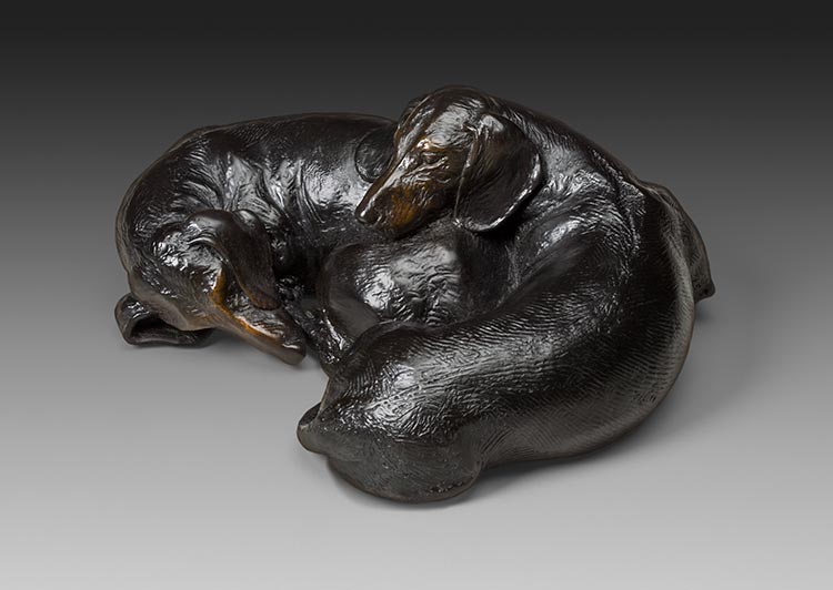 Cozy 1:6 Scale Smooth Black patina Dachshund Bronze Sculpture by Joy Beckner