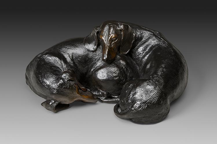 Cozy 1:6 Scale Smooth Black patina Dachshund Bronze Sculpture by Joy Beckner