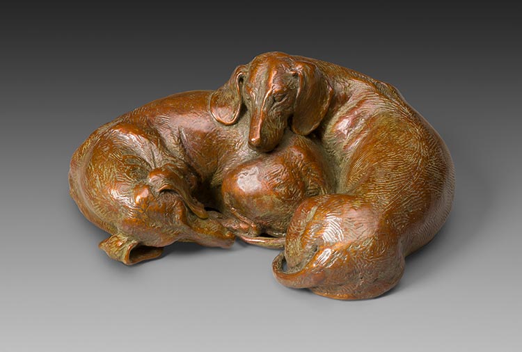 Cozy 1:6 Scale Smooth Toad patina Dachshund Bronze Sculpture by Joy Beckner