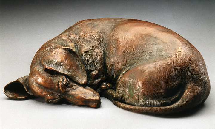 Dreaming of Tomatoes SS life-size bronze Dachshund sculpture by Joy Beckner