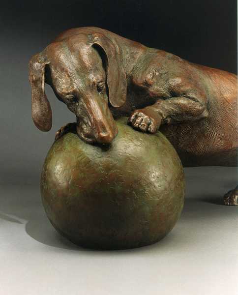 Life's a Ball SS life-size bronze Dachshund sculpture by Joy Beckner