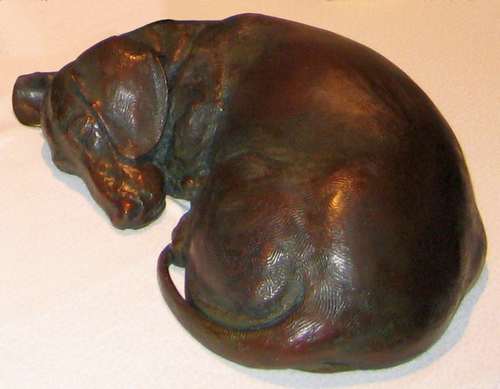 Dreaming of Tomatoes MS life-size bronze Dachshund sculpture by Joy Beckner