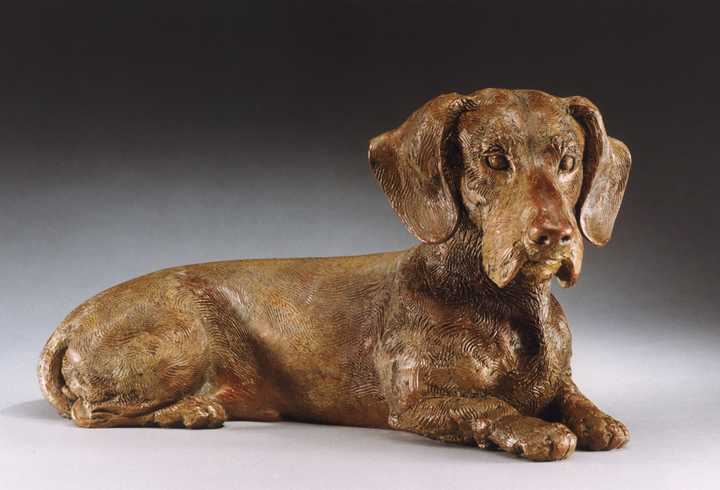Lord of the Couch, MW Life-sized Miniature Wire Dachshund Bronze Sculpture by Sculptor Joy Beckner