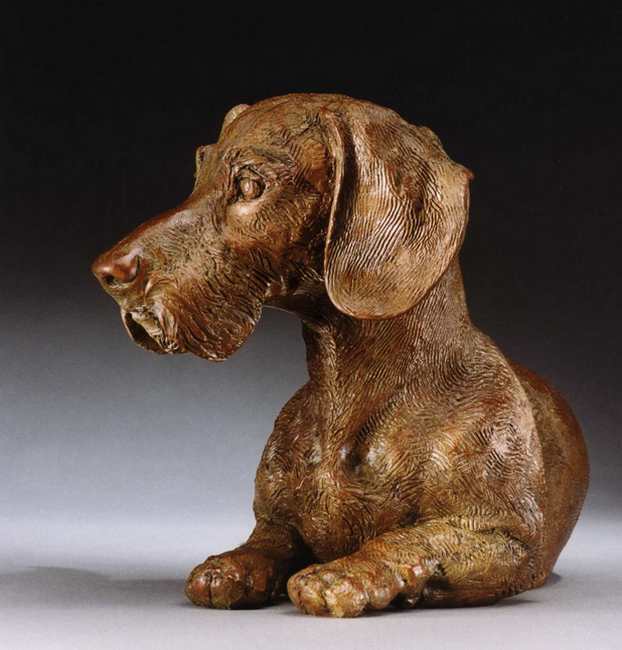 Lord of the Couch, MW Life-sized Miniature Wire Dachshund Bronze Sculpture by Sculptor Joy Beckner